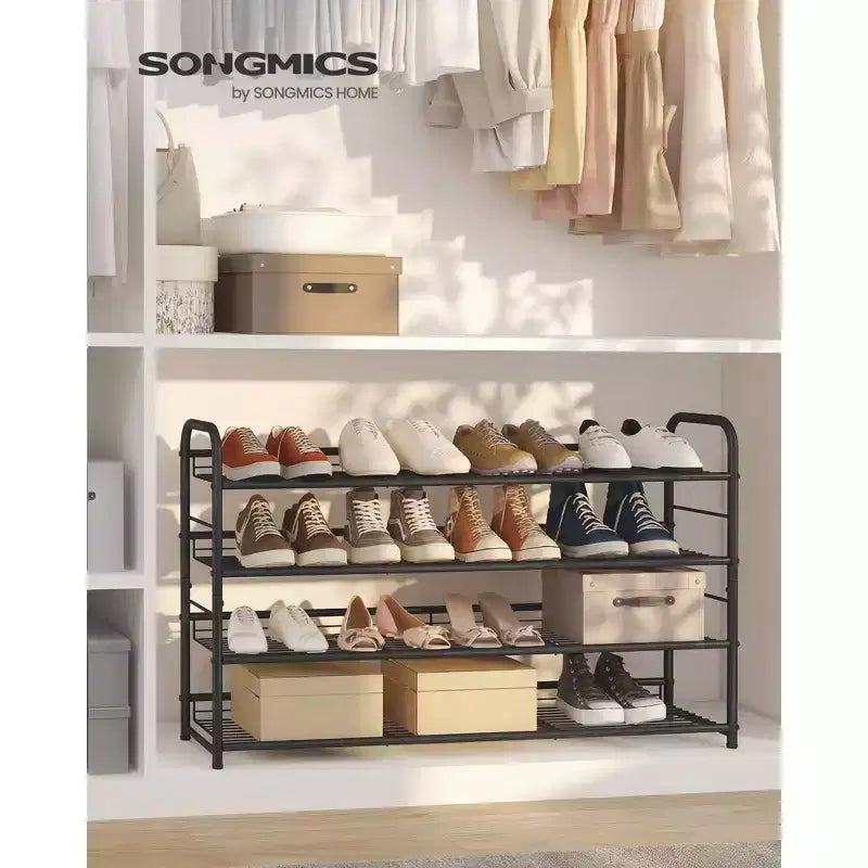 Stackable Shoe Rack, 4 Tier Metal Shoes Rack Storage Shelf, Holds up to 20 Pairs, Adjustable Slanted Shelves for Small Spaces, Black