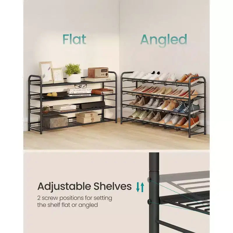 Stackable Shoe Rack, 4 Tier Metal Shoes Rack Storage Shelf, Holds up to 20 Pairs, Adjustable Slanted Shelves for Small Spaces, Black