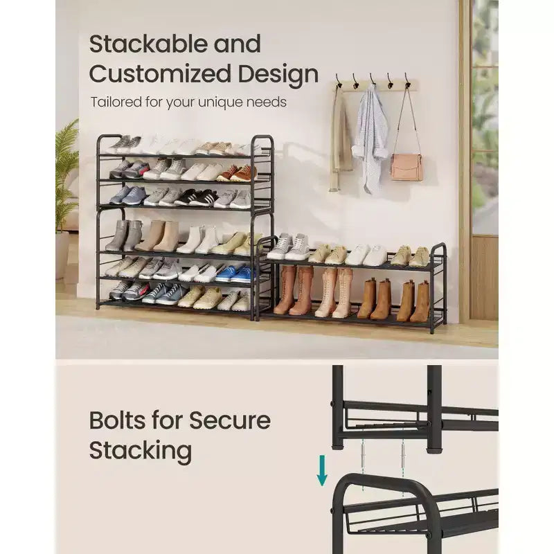 Stackable Shoe Rack, 4 Tier Metal Shoes Rack Storage Shelf, Holds up to 20 Pairs, Adjustable Slanted Shelves for Small Spaces, Black