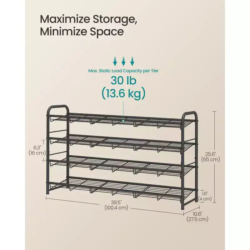 Stackable Shoe Rack, 4 Tier Metal Shoes Rack Storage Shelf, Holds up to 20 Pairs, Adjustable Slanted Shelves for Small Spaces, Black