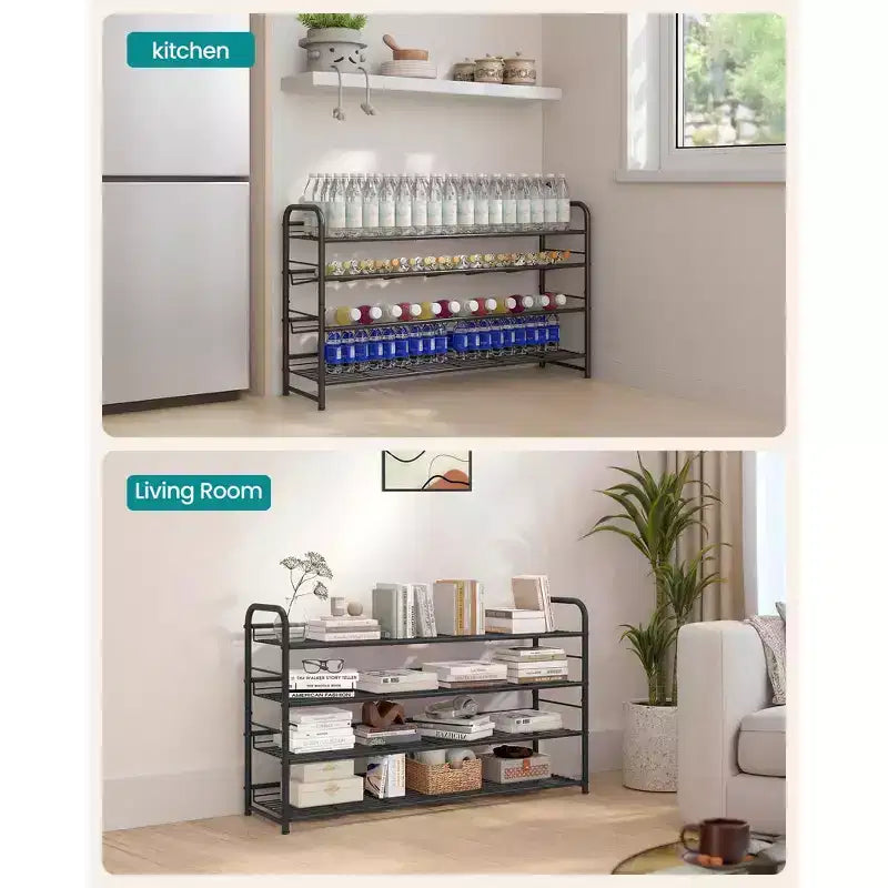 Stackable Shoe Rack, 4 Tier Metal Shoes Rack Storage Shelf, Holds up to 20 Pairs, Adjustable Slanted Shelves for Small Spaces, Black