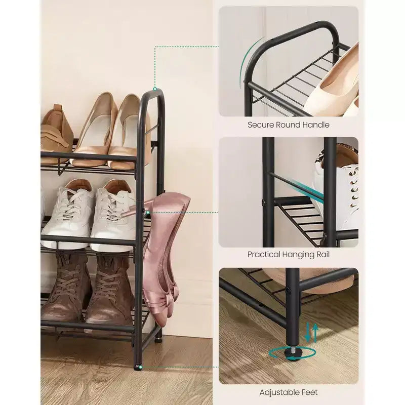 Stackable Shoe Rack, 4 Tier Metal Shoes Rack Storage Shelf, Holds up to 20 Pairs, Adjustable Slanted Shelves for Small Spaces, Black