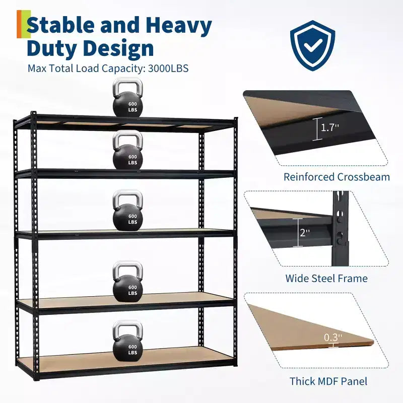 Garage Shelving Unit, 2500 LB Capacity, Adjustable Steel Storage Shelves, Heavy Duty Storage Racks for Basement Warehouse Shop