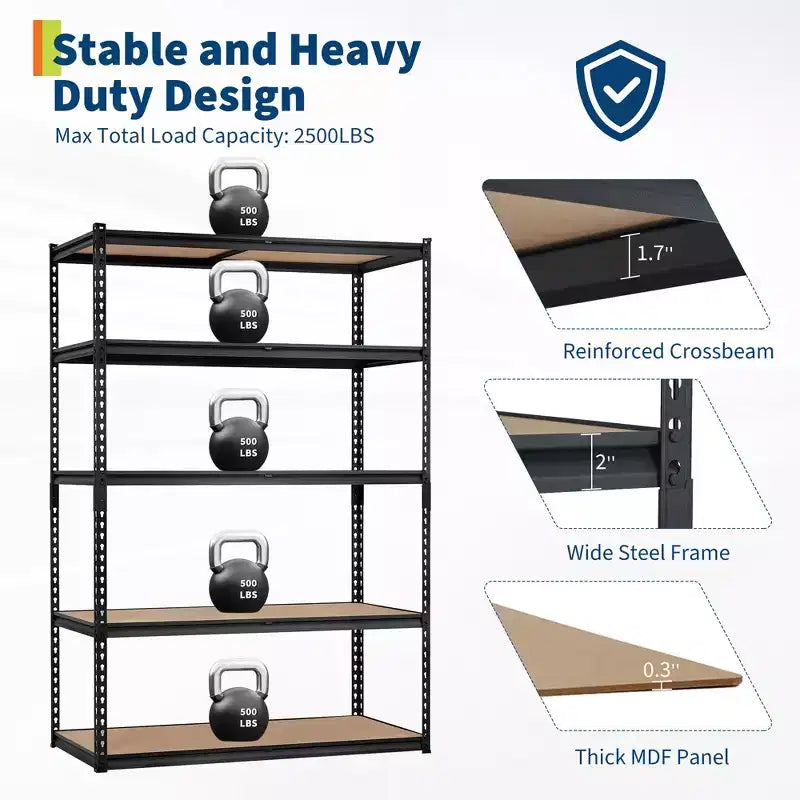 Garage Shelving Unit, 2500 LB Capacity, Adjustable Steel Storage Shelves, Heavy Duty Storage Racks for Basement Warehouse Shop