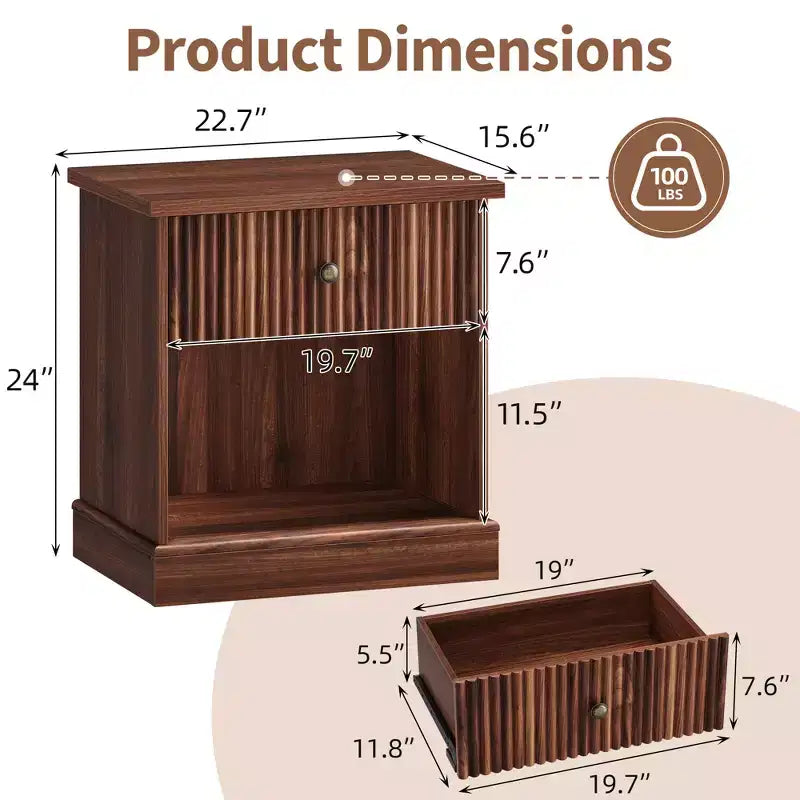 Fluted Nightstand with Drawer, Mid Century Modern Bedside Table, Wood Accent End Table for Bedroom, Living Room Side Table for Small Spaces, Brown