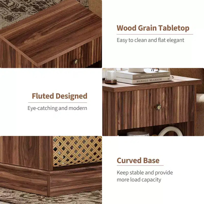 Fluted Nightstand with Drawer, Mid Century Modern Bedside Table, Wood Accent End Table for Bedroom, Living Room Side Table for Small Spaces, Brown
