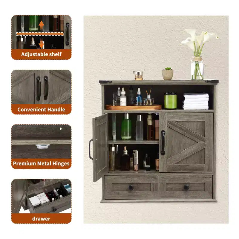 24 Wide Farmhouse Wall-Mounted Bathroom Cabinet with Sliding Barn Doors - Medicine Cabinet with Adjustable Shelf for Bathroom and Laundry