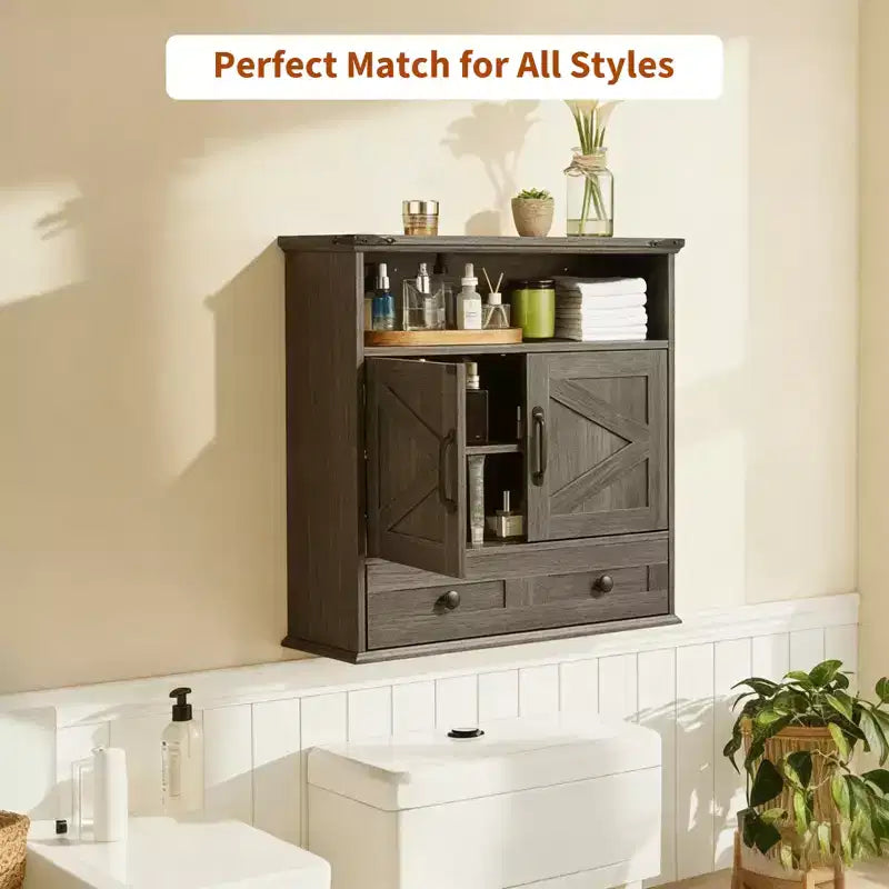 24 Wide Farmhouse Wall-Mounted Bathroom Cabinet with Sliding Barn Doors - Medicine Cabinet with Adjustable Shelf for Bathroom and Laundry