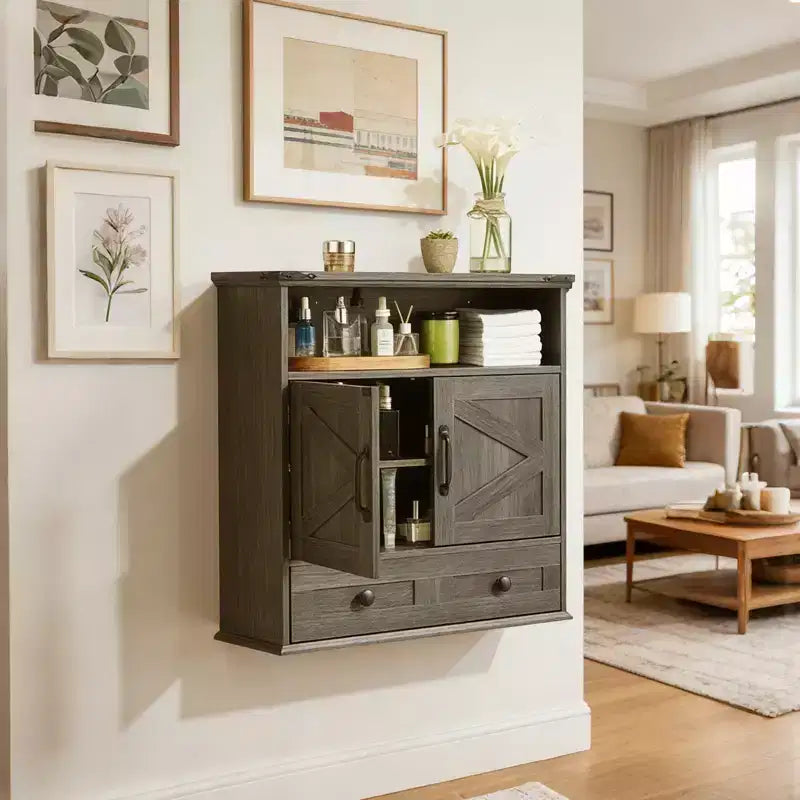 24 Wide Farmhouse Wall-Mounted Bathroom Cabinet with Sliding Barn Doors - Medicine Cabinet with Adjustable Shelf for Bathroom and Laundry