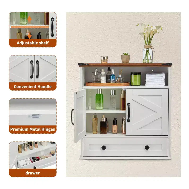 24 Wide Farmhouse Wall-Mounted Bathroom Cabinet with Sliding Barn Doors - Medicine Cabinet with Adjustable Shelf for Bathroom and Laundry