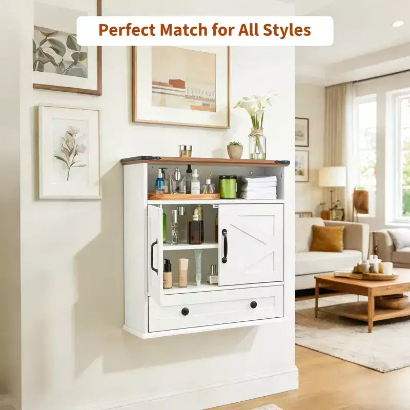 24 Wide Farmhouse Wall-Mounted Bathroom Cabinet with Sliding Barn Doors - Medicine Cabinet with Adjustable Shelf for Bathroom and Laundry