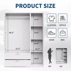 3 Doors Wooden Wardrobe Closet with 2 Drawers, Morden Wardrobe Armoire with Doors and Shelves, Standing Closet Cabinet for Hanging Clothes