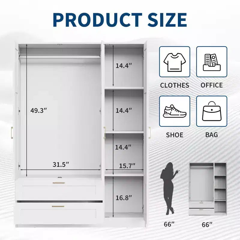 3 Doors Wooden Wardrobe Closet with 2 Drawers, Morden Wardrobe Armoire with Doors and Shelves, Standing Closet Cabinet for Hanging Clothes