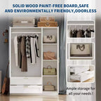 3 Doors Wooden Wardrobe Closet with 2 Drawers, Morden Wardrobe Armoire with Doors and Shelves, Standing Closet Cabinet for Hanging Clothes