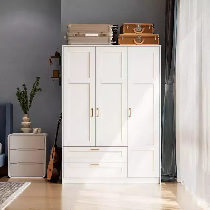 3 Doors Wooden Wardrobe Closet with 2 Drawers, Morden Wardrobe Armoire with Doors and Shelves, Standing Closet Cabinet for Hanging Clothes