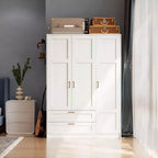 3 Doors Wooden Wardrobe Closet with 2 Drawers, Morden Wardrobe Armoire with Doors and Shelves, Standing Closet Cabinet for Hanging Clothes