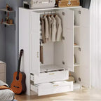 3 Doors Wooden Wardrobe Closet with 2 Drawers, Morden Wardrobe Armoire with Doors and Shelves, Standing Closet Cabinet for Hanging Clothes