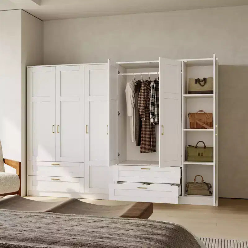 3 Doors Wooden Wardrobe Closet with 2 Drawers, Morden Wardrobe Armoire with Doors and Shelves, Standing Closet Cabinet for Hanging Clothes