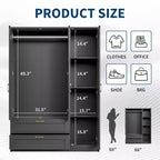 3 Doors Wooden Wardrobe Closet with 2 Drawers, Morden Wardrobe Armoire with Doors and Shelves, Standing Closet Cabinet for Hanging Clothes