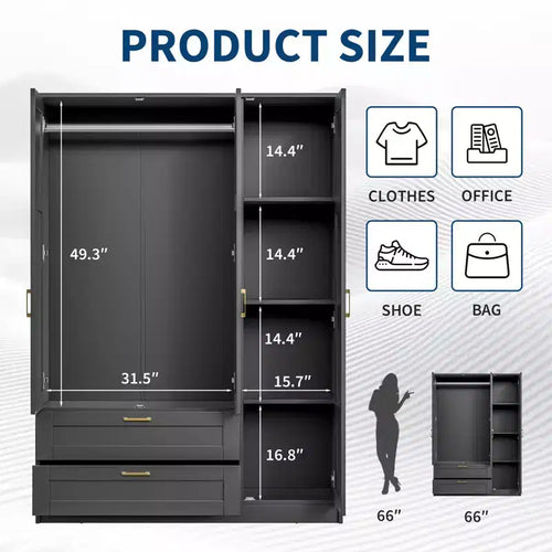 3 Doors Wooden Wardrobe Closet with 2 Drawers, Morden Wardrobe Armoire with Doors and Shelves, Standing Closet Cabinet for Hanging Clothes