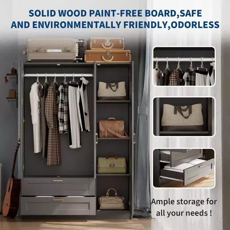 3 Doors Wooden Wardrobe Closet with 2 Drawers, Morden Wardrobe Armoire with Doors and Shelves, Standing Closet Cabinet for Hanging Clothes