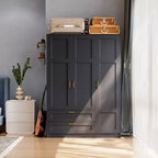 3 Doors Wooden Wardrobe Closet with 2 Drawers, Morden Wardrobe Armoire with Doors and Shelves, Standing Closet Cabinet for Hanging Clothes