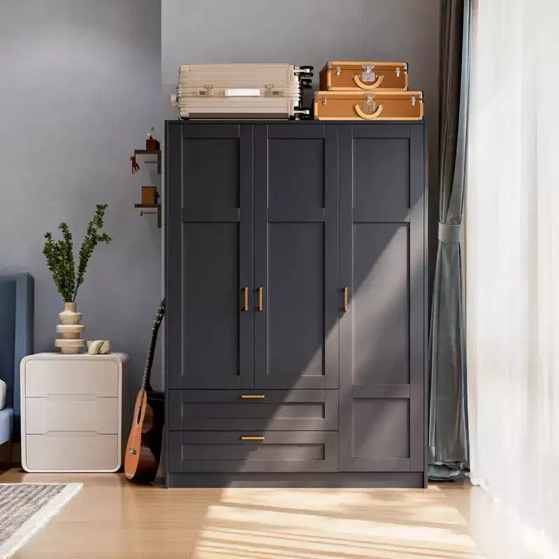 3 Doors Wooden Wardrobe Closet with 2 Drawers, Morden Wardrobe Armoire with Doors and Shelves, Standing Closet Cabinet for Hanging Clothes