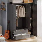 3 Doors Wooden Wardrobe Closet with 2 Drawers, Morden Wardrobe Armoire with Doors and Shelves, Standing Closet Cabinet for Hanging Clothes