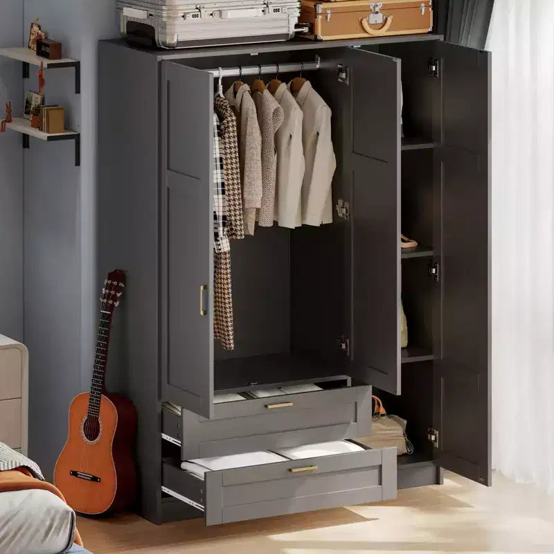 3 Doors Wooden Wardrobe Closet with 2 Drawers, Morden Wardrobe Armoire with Doors and Shelves, Standing Closet Cabinet for Hanging Clothes