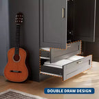 3 Doors Wooden Wardrobe Closet with 2 Drawers, Morden Wardrobe Armoire with Doors and Shelves, Standing Closet Cabinet for Hanging Clothes