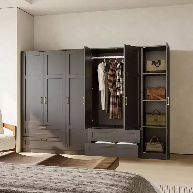 3 Doors Wooden Wardrobe Closet with 2 Drawers, Morden Wardrobe Armoire with Doors and Shelves, Standing Closet Cabinet for Hanging Clothes