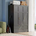 3 Doors Wooden Wardrobe Closet with 2 Drawers, Morden Wardrobe Armoire with Doors and Shelves, Standing Closet Cabinet for Hanging Clothes