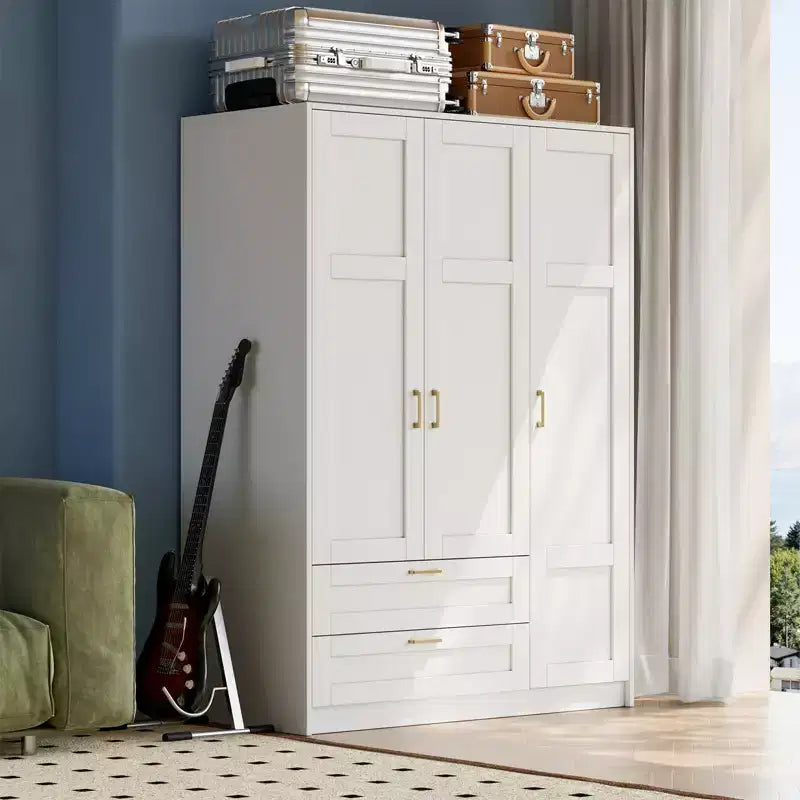 3 Doors Wooden Wardrobe Closet with 2 Drawers, Morden Wardrobe Armoire with Doors and Shelves, Standing Closet Cabinet for Hanging Clothes