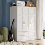 3 Doors Wooden Wardrobe Closet with 2 Drawers, Morden Wardrobe Armoire with Doors and Shelves, Standing Closet Cabinet for Hanging Clothes