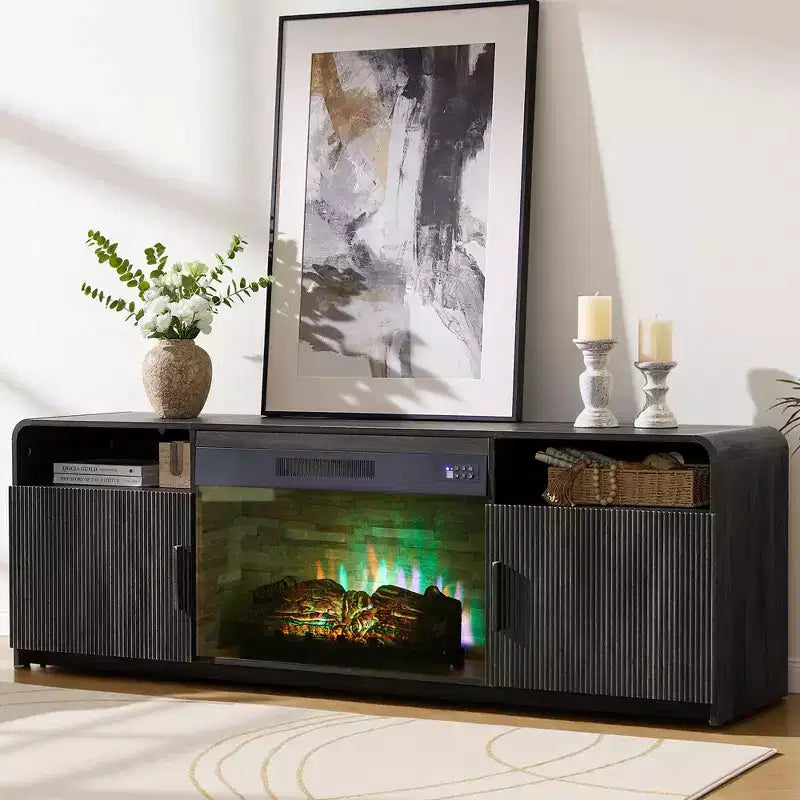 AMERLIFE 70in Fluted Fireplace TV Stand for TVs up to 80in with 30in Electric Fireplace Storage, Black
