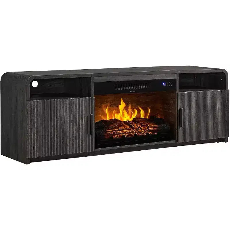 70in Fluted Fireplace TV Stand for TVs up to 80in with 30in Electric Fireplace Storage, Black