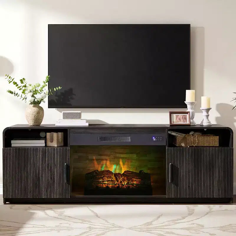 70in Fluted Fireplace TV Stand for TVs up to 80in with 30in Electric Fireplace Storage, Black