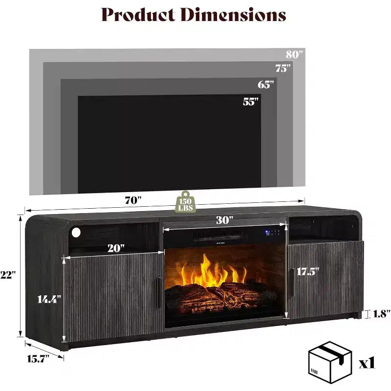 70in Fluted Fireplace TV Stand for TVs up to 80in with 30in Electric Fireplace Storage, Black