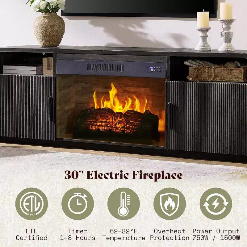 70in Fluted Fireplace TV Stand for TVs up to 80in with 30in Electric Fireplace Storage, Black