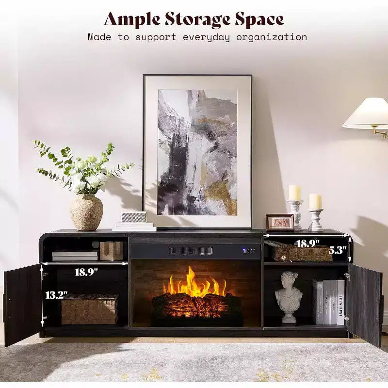 70in Fluted Fireplace TV Stand for TVs up to 80in with 30in Electric Fireplace Storage, Black