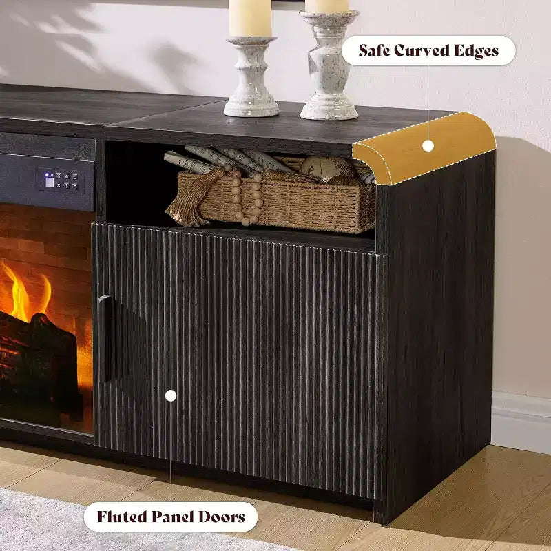 70in Fluted Fireplace TV Stand for TVs up to 80in with 30in Electric Fireplace Storage, Black
