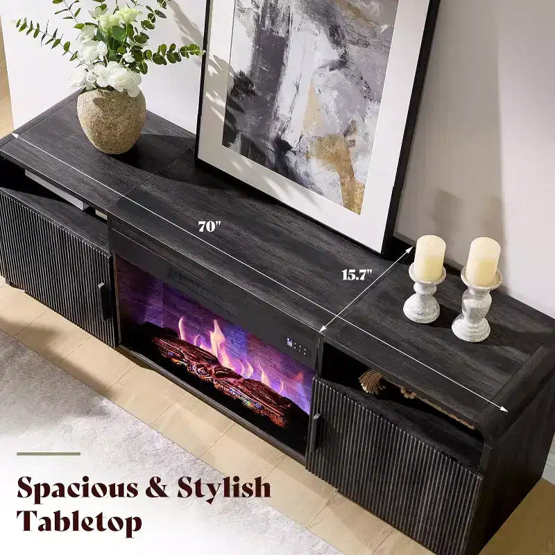 70in Fluted Fireplace TV Stand for TVs up to 80in with 30in Electric Fireplace Storage, Black