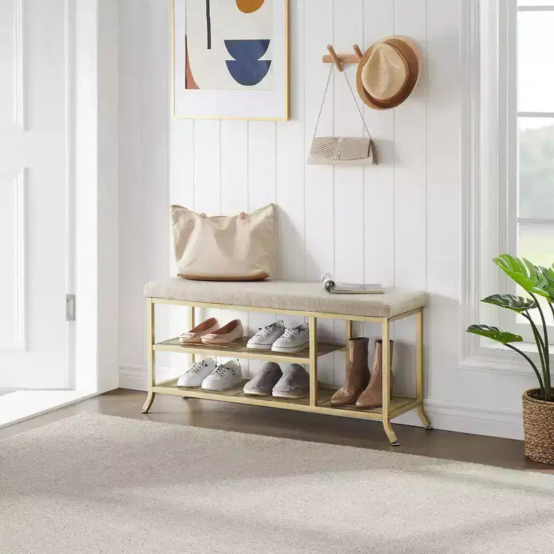 Shoe Bench, 2 Tier Bench Shoe Rack, Shoe Storage Bench with Cushion Holds Up to 330 Lb Organizer for Hallway, Living Room, Gold