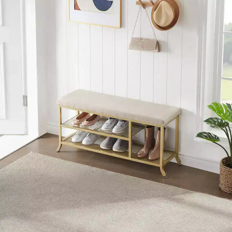 Shoe Bench, 2 Tier Bench Shoe Rack, Shoe Storage Bench with Cushion Holds Up to 330 Lb Organizer for Hallway, Living Room, Gold
