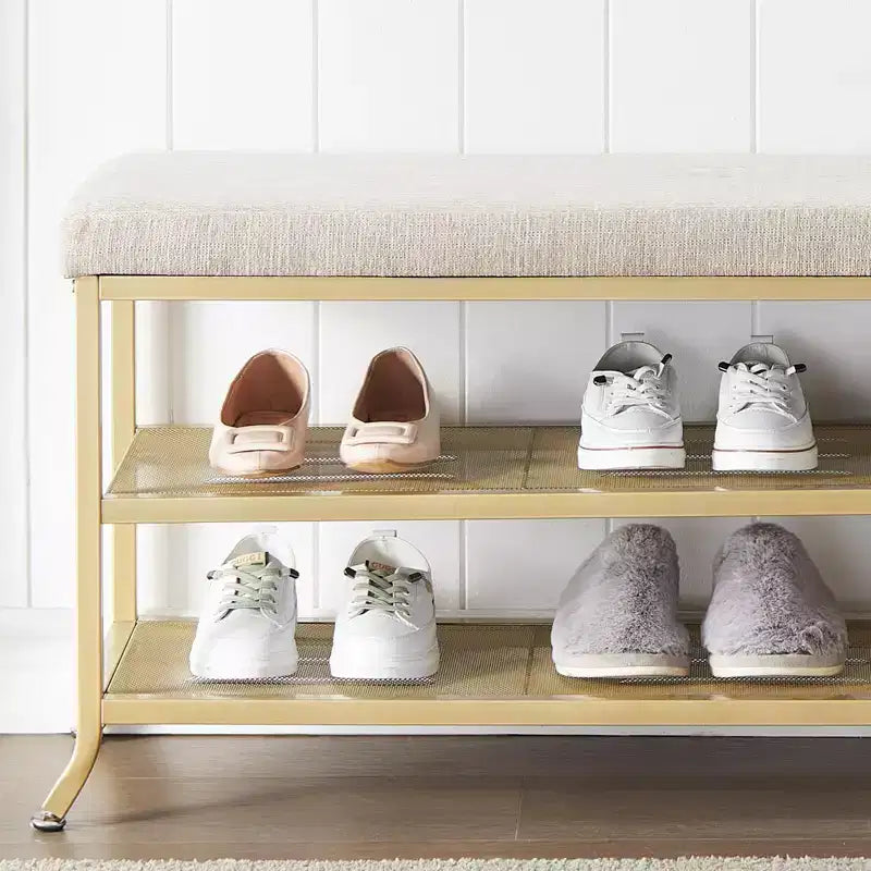 Shoe Bench, 2 Tier Bench Shoe Rack, Shoe Storage Bench with Cushion Holds Up to 330 Lb Organizer for Hallway, Living Room, Gold