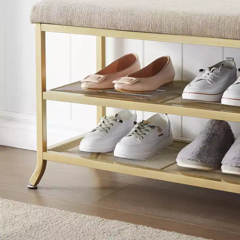 Shoe Bench, 2 Tier Bench Shoe Rack, Shoe Storage Bench with Cushion Holds Up to 330 Lb Organizer for Hallway, Living Room, Gold