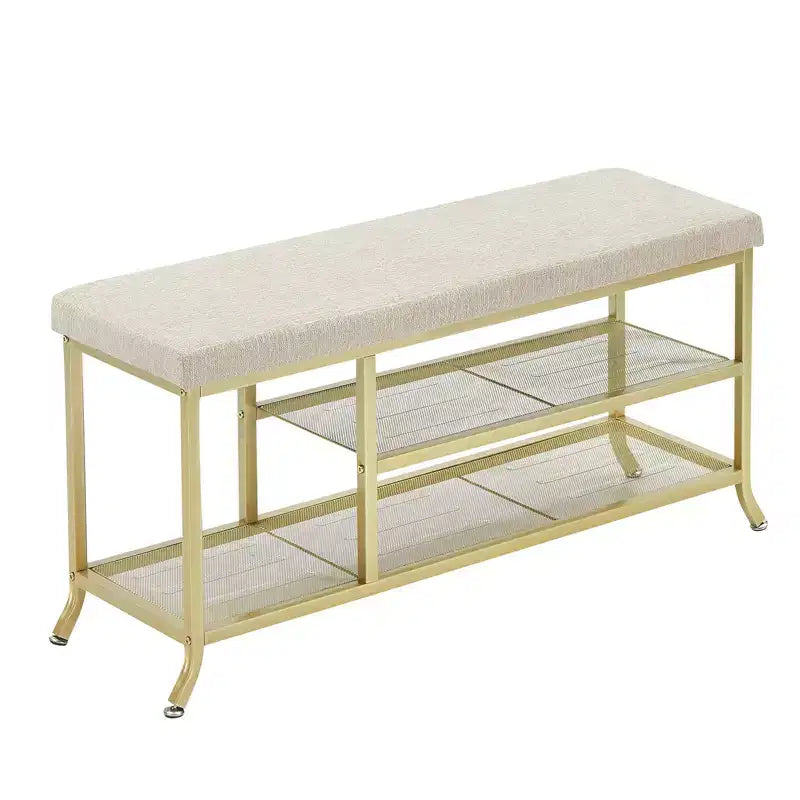 Shoe Bench, 2 Tier Bench Shoe Rack, Shoe Storage Bench with Cushion Holds Up to 330 Lb Organizer for Hallway, Living Room, Gold