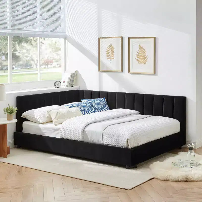 Full Size Upholstered Daybed Frame with Backrest and Armrests, Modern L Shaped Corner Bed for Bedroom Living Room