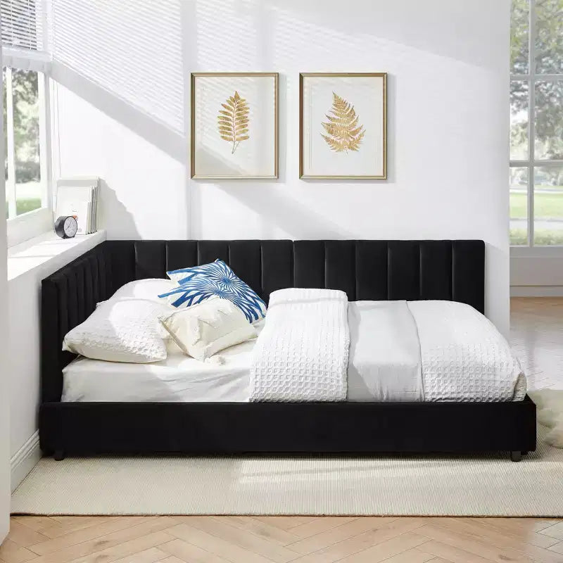 Full Size Upholstered Daybed Frame with Backrest and Armrests, Modern L Shaped Corner Bed for Bedroom Living Room