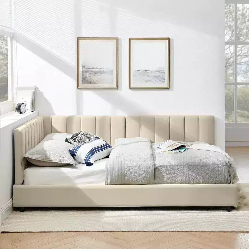 Full Size Upholstered Daybed Frame with Backrest and Armrests, Modern L Shaped Corner Bed for Bedroom Living Room